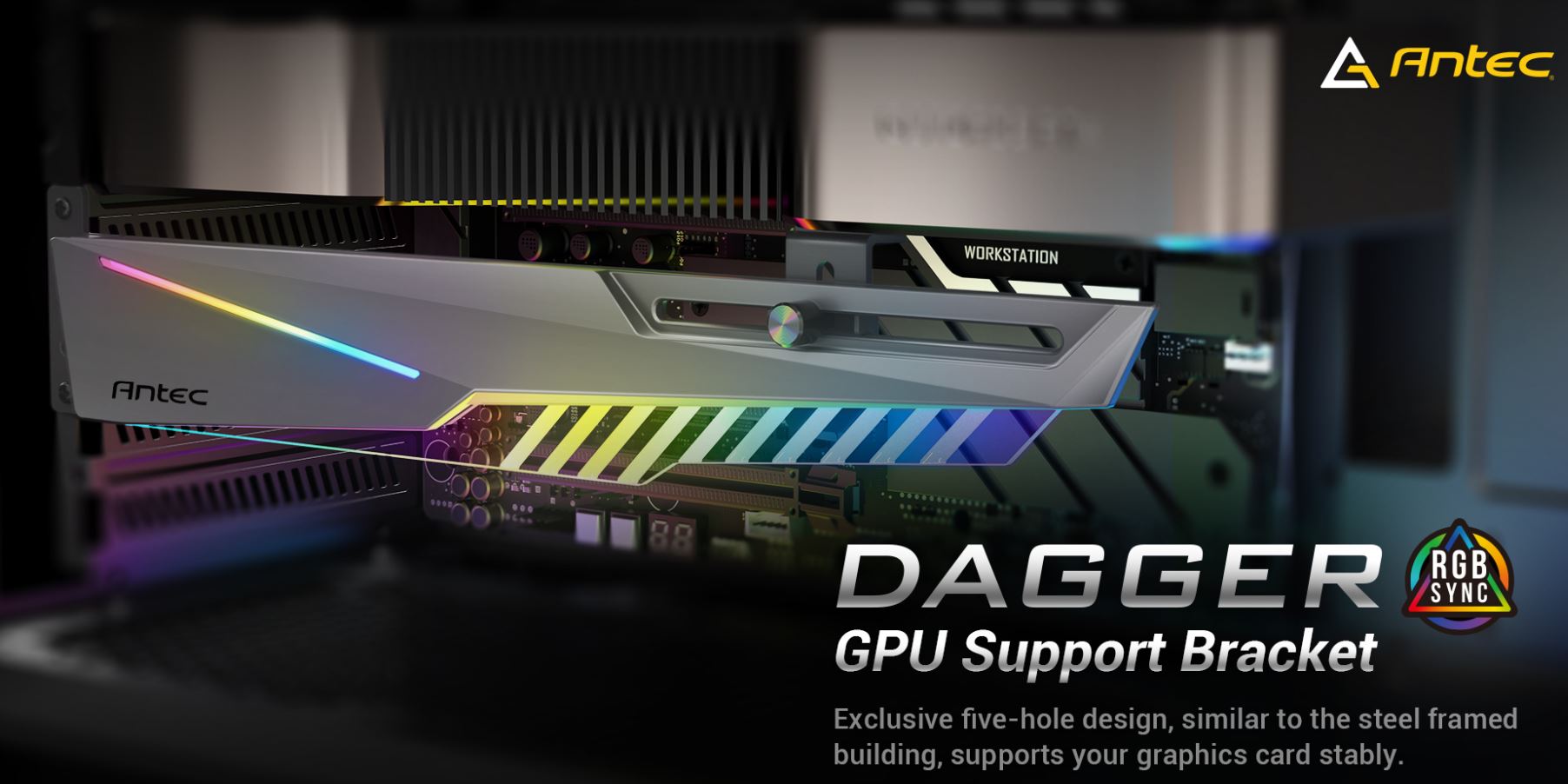 Antec Antec GPU Bracket Dagger Black ARGB 5V 3-Pin.  5 holes. Horizontal Mount GPU 170-270mm. universal case support, Tool-Le