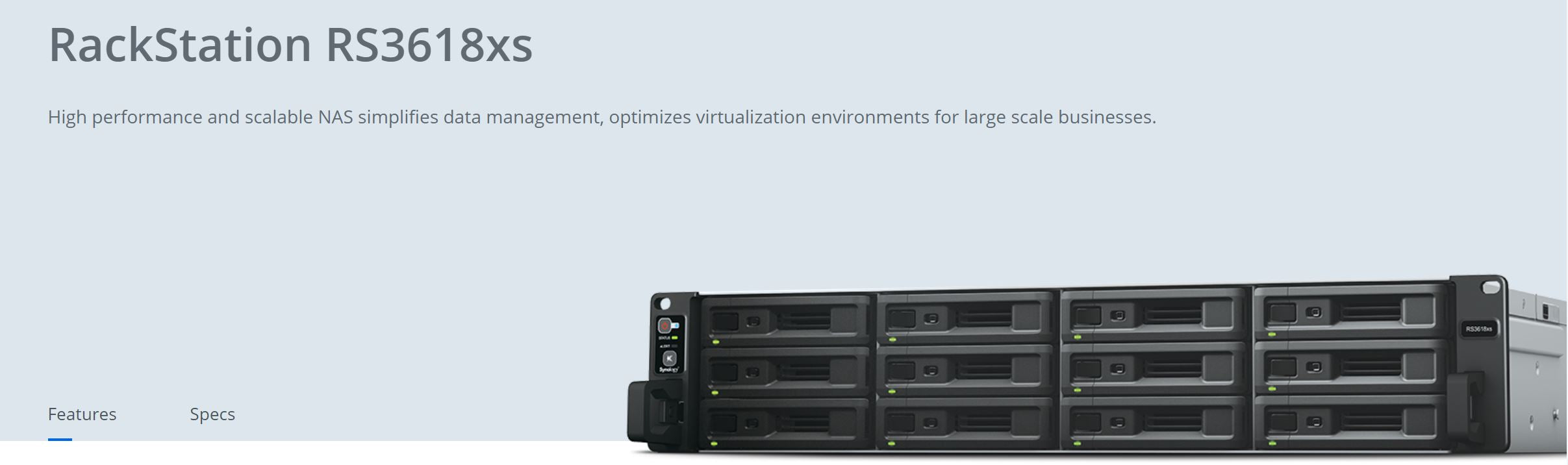 Synology RackStation RS3618xs 12-Bay 3.5" Diskless 4xGbE NAS (2U Rack), Intel Xeon D-1521 quad-core, 8GB RAM,2 x USB3.0, Scalable- with SRS