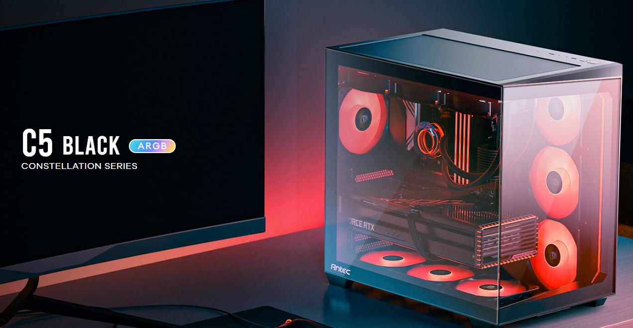 Antec Antec C5 ARGB ATX, mATX Seamless Edge to Edge, Black, 270 degrees, 7x ARGB + PWM Controller, 5090 Back Connect, USB-C, 