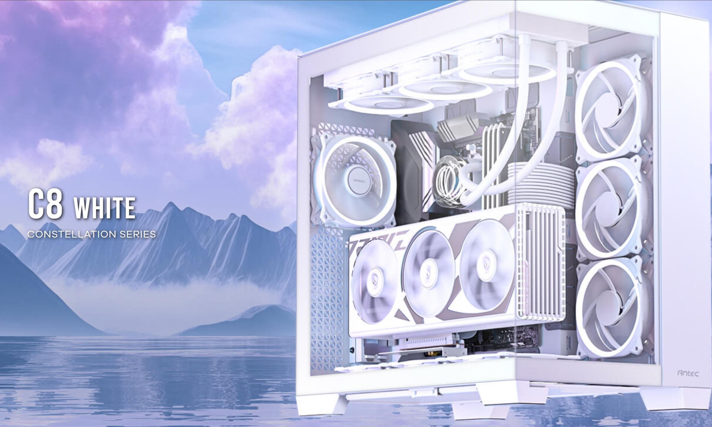 Antec Antec C8 E-ATX, mATX, ITX, Seamless Edge View Front and Side, USB-C, 4mm Tempered Glass, 360mm liquid cooler top, botto
