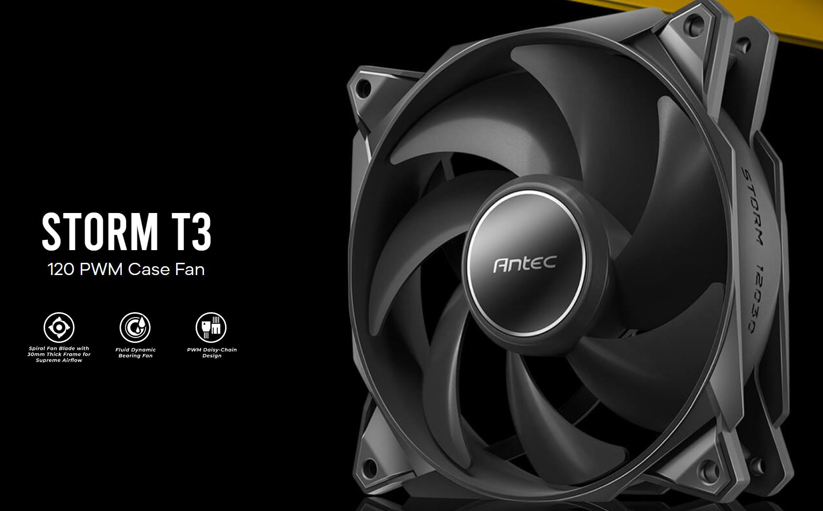 Antec Antec Storm 120mm T3 PWM FDB 3 Pack. High Airflow 80.47 CFM, Air Pressure 2.7, Noise Level 36.99. Woven Cable, PMW Dais