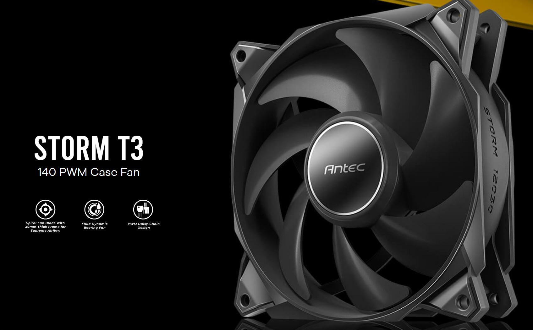 Antec Antec Storm 140mm T3 PWM FDB 3 pack, High Airflow 112 CFM, Air Pressure 2.7, Noise Level 33.69 Woven Cable, PMW Daisy C