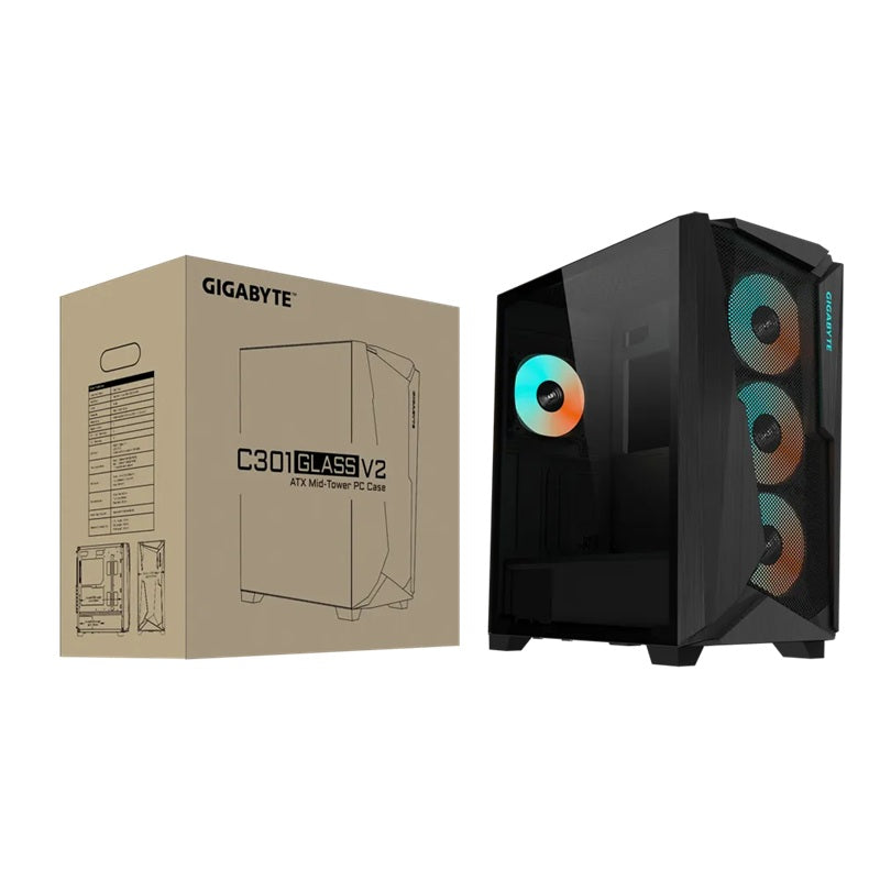 Gigabyte (LS) Gigabyte C301V2 RGB Tempered Glass E-ATX Black Mid Tower Gaming Chassis  2x3.5" 2x2.5" 2xUSB3.0 Detachable Dust