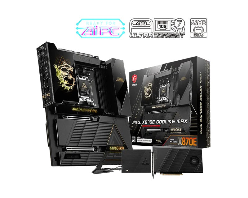 MSI MEG X870E GODLIKE MAX, AM5, AMD X870E, DDR5 9200+ OC, PCIe 5.0, Wi-Fi 7, 10G+5G LAN, USB4 40Gbps, Dynamic Dashboard III