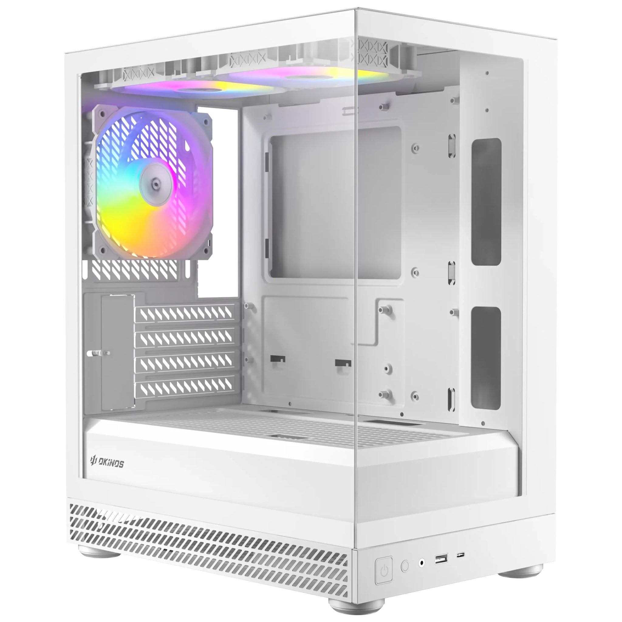 OKINOS AQUA UNO POLAR, Mini Tower, Micro-ATX/ITX, tempered glass, 3×120mm ARGB fans, USB 3.0 + Type-C, ≤309mm GPU, ≤165mm CPU cooler, steel