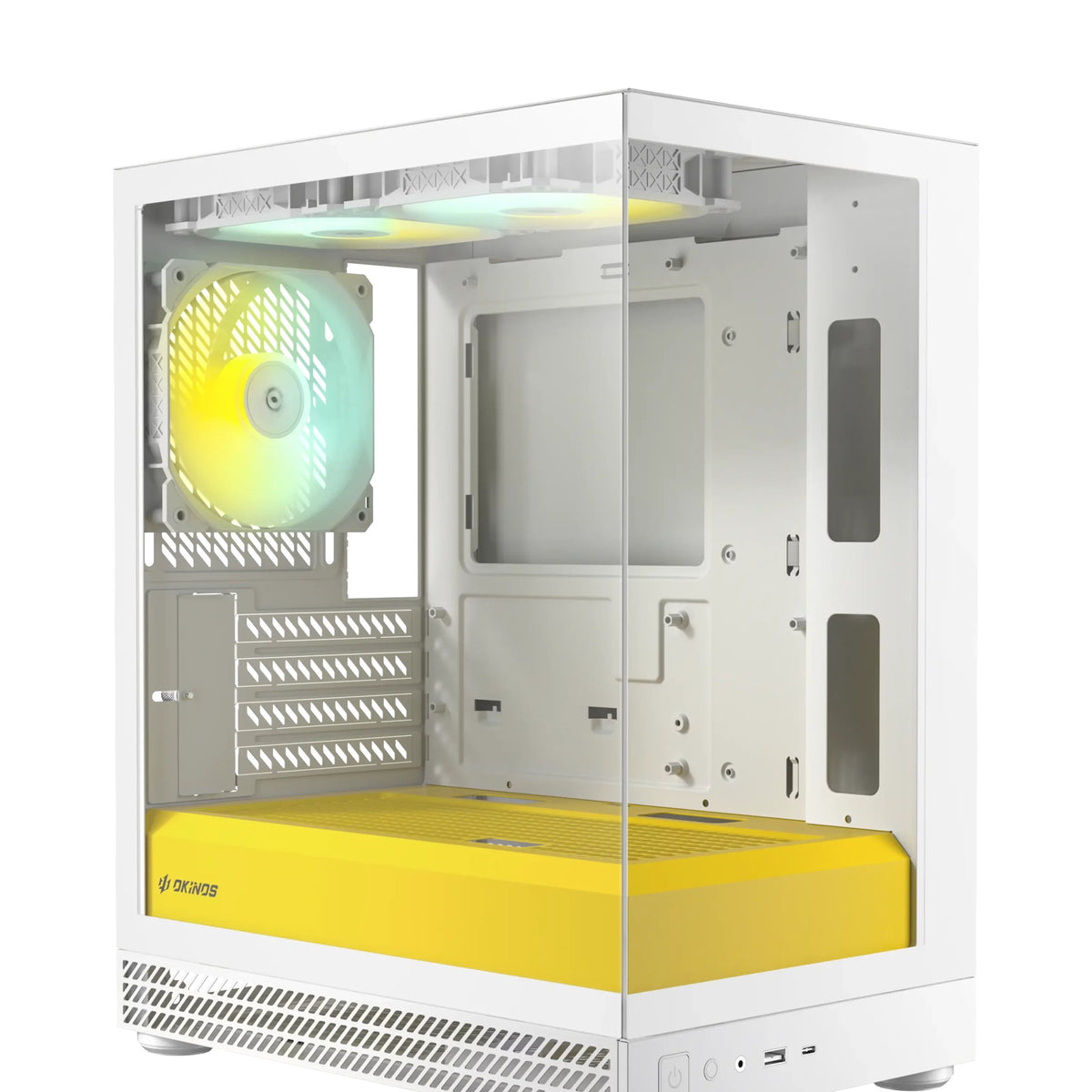 OKINOS AQUA UNO YOLK, Mini Tower, Micro-ATX/ITX, tempered glass, 3×120mm ARGB fans, USB 3.0 + Type-C, ≤309mm GPU, ≤165mm CPU cooler, steel