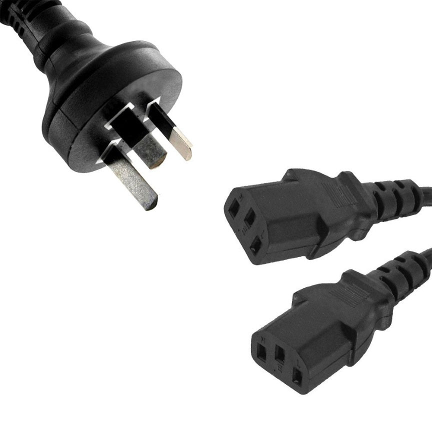 8ware 8ware 3m 10amp Y Split Power Cable with AU/NZ 3-pin Male Plug 2xIEC F C13 Socket  Cord for PC  Monitor to Wall Power So