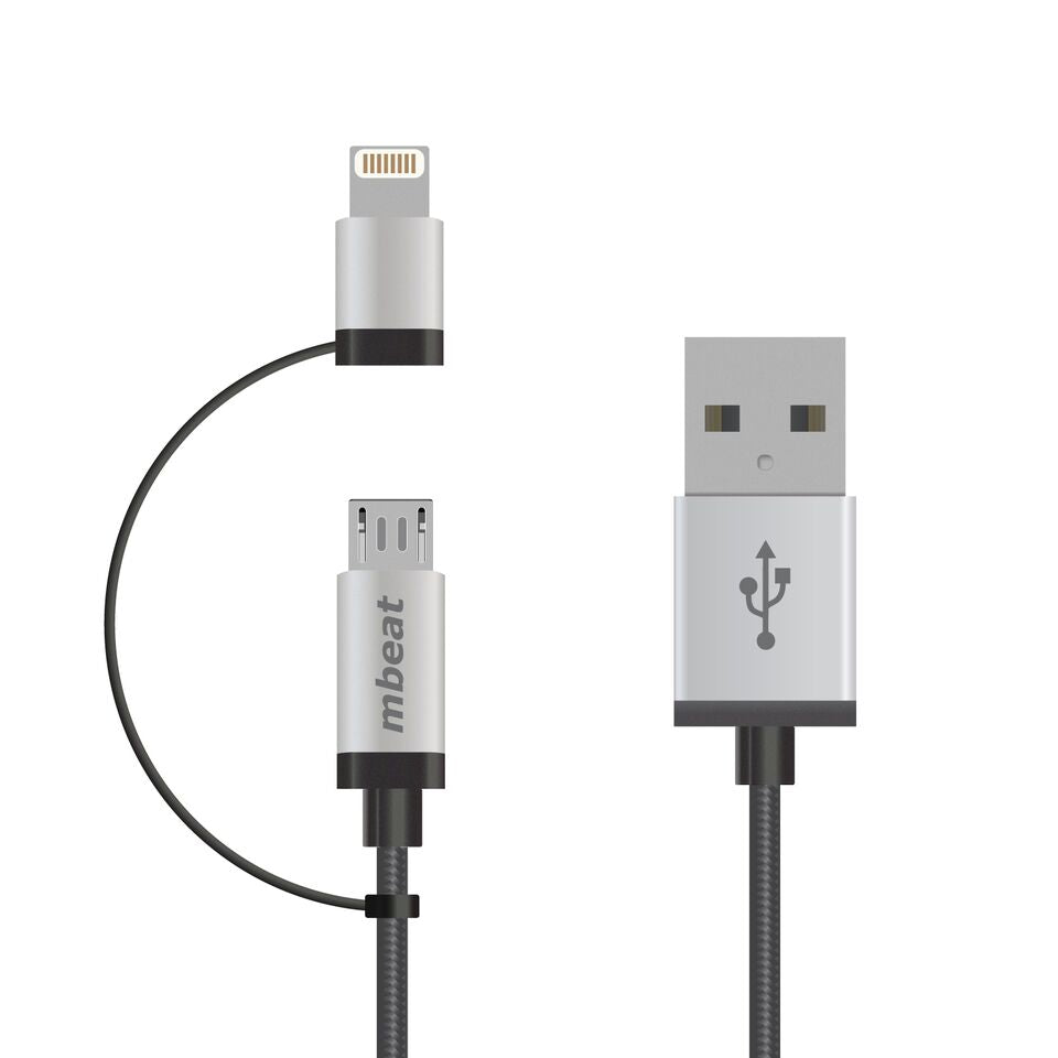 MBEAT (LS) mbeat® 1m Lightning and Micro USB Data Cable - 2-in-1/Aluminmum Shell Crush-Proof/Nylon Braided/Silver/ Apple/Andr