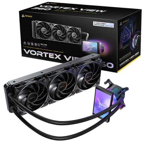 Antec Vortex View 360, 360mm AIO, Intel LGA115X/1200/1700/1851, AMD AM4/AM5, 3x120mm PWM fans, 2000 RPM, 59.23 CFM, ≤28.6 dB(A), aluminum rad