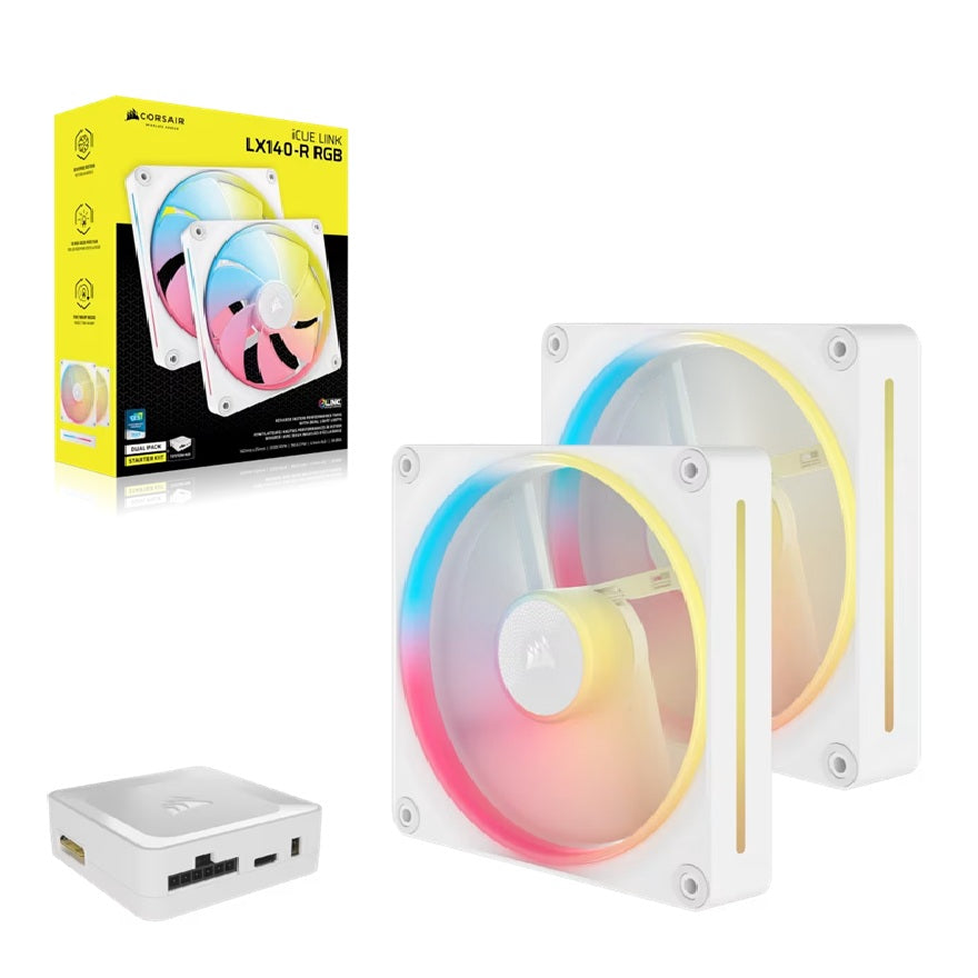 Corsair Corsair iCUE LINK LX140-R RGB 140mm PWM Reverse Fans Starter Kit Dual Pack -White: 90.6 CFM, 2000 RPM, 38.3 dBA, 0.45