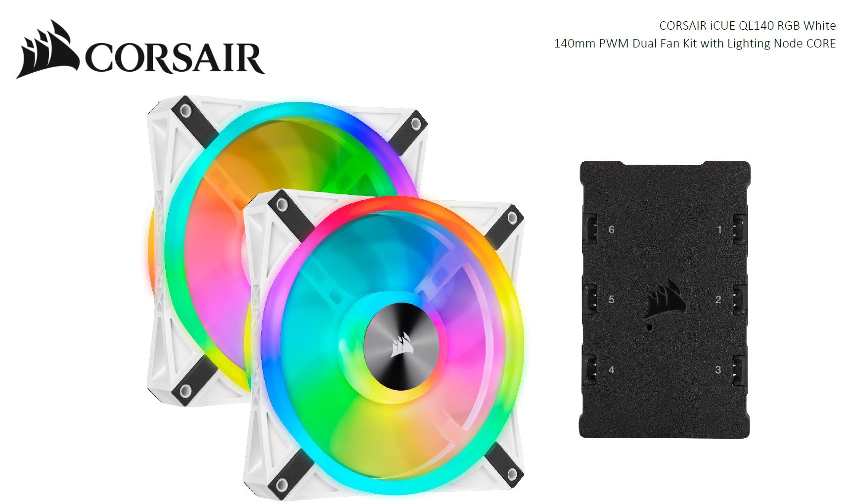 Corsair Corsair QL140 RGB White Dual Fan Kit with Lighting Node Core, ICUE, 140mm RGB LED PWM Fan 26dBA, 50.2 CFM, 2 Fan Pack