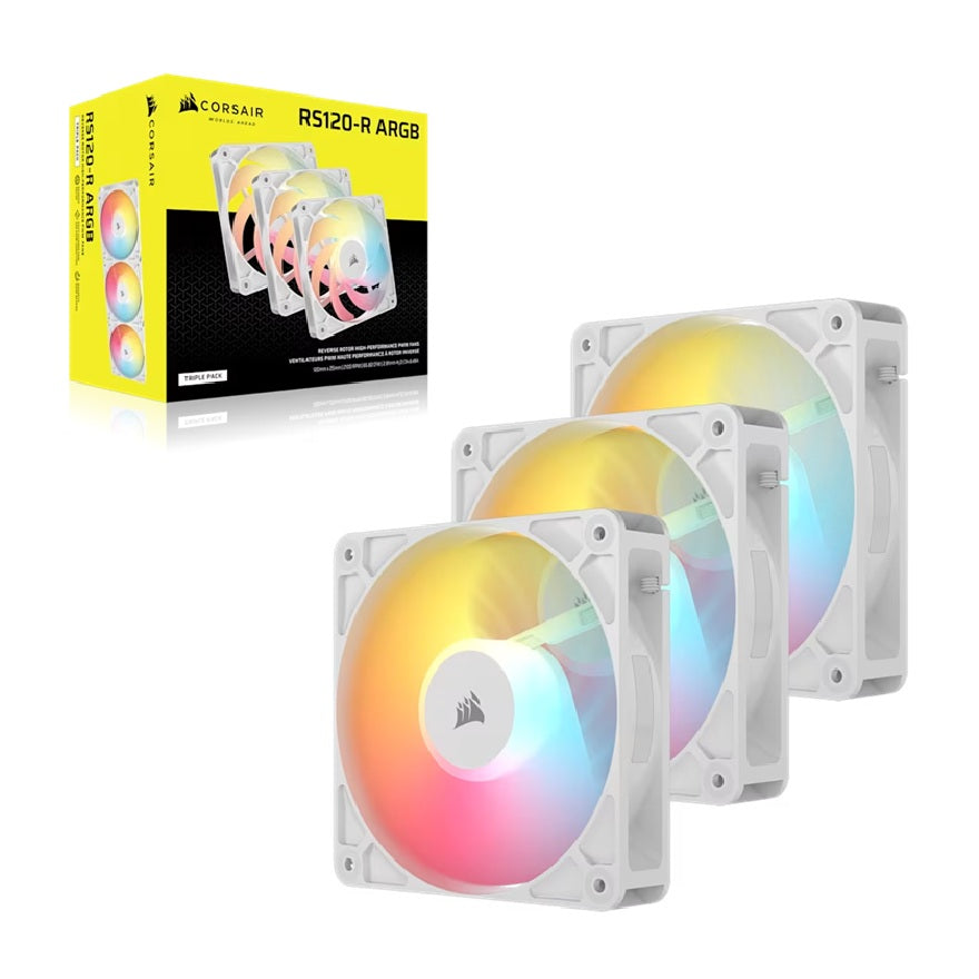 Corsair Corsair RS120-R ARGB 120mm PWM Reverse Fans Triple Pack - White, 3x RGB Fans, 2100 RPM, 65.82 CFM, Static Pressure, M