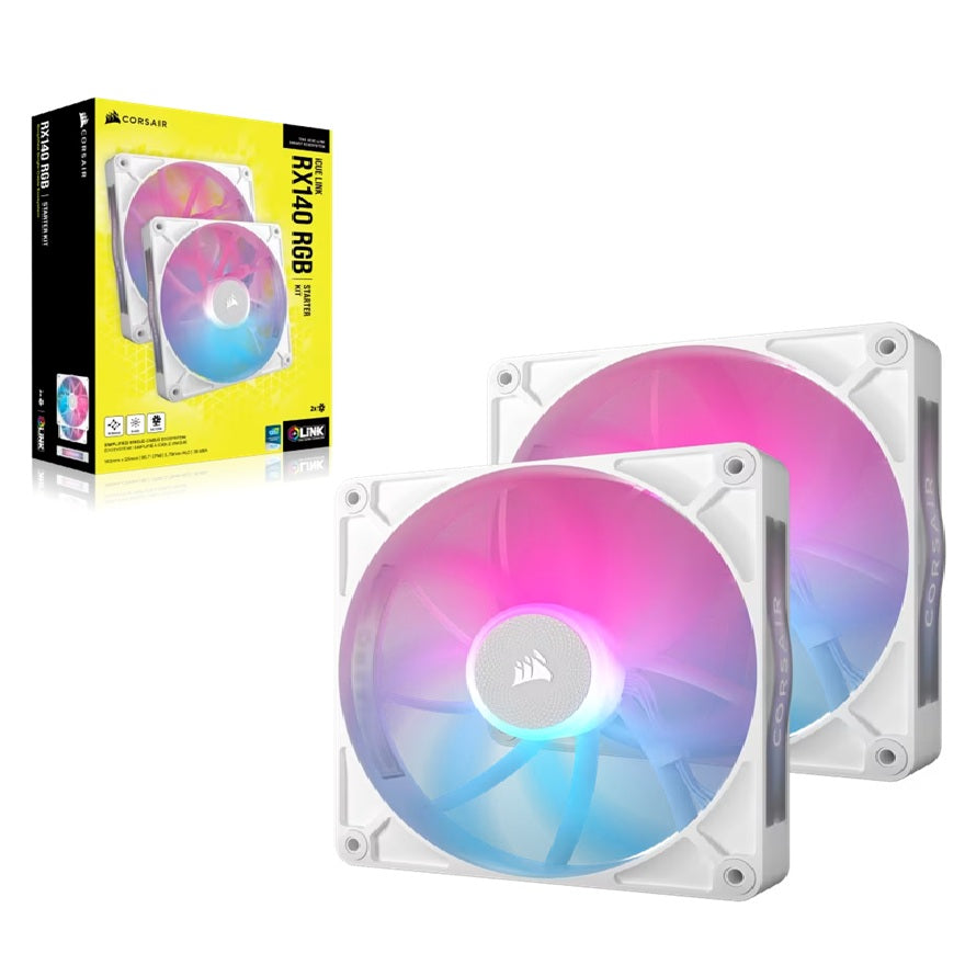 Corsair Corsair RX140 RGB White ICUE Link 140mm PWM Dual Fan Kit. 2x Fans, Connectors. 1 x ICUE Link Hub, 60mm Cable 90 Degre