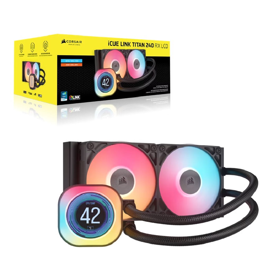 Corsair Corsair iCUE LINK TITAN 240 RX LCD Liquid CPU Cooler - Black: 73.5 CFM, 2100 RPM, 36 dBA, Aluminum Radiator, Copper C