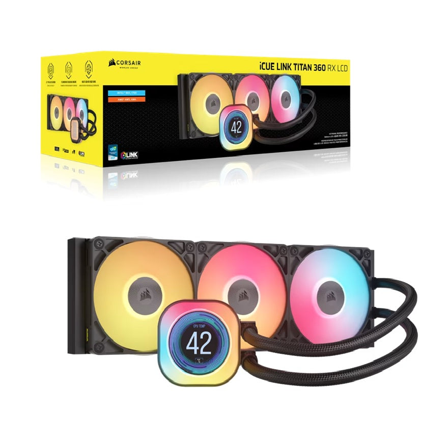 Corsair Corsair iCUE LINK TITAN 360 RX LCD Liquid CPU Cooler - Black: 73.5 CFM, 2100 RPM, 36 dBA, Aluminum Radiator, Copper C