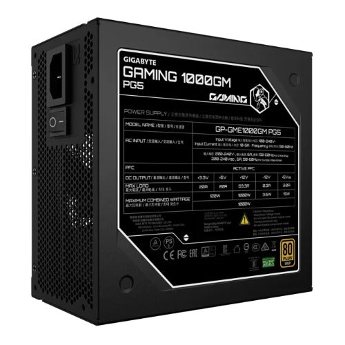 GIGABYTE GAMING 1000GM PG5 1000W 80+ Gold ATX 3.1 PSU PCIe 5.0 16pin full modular 135mm fan OVP OPP SCP UVP OCP OTP 8SATA 4PCIe 2EPS 100,000h MTBF