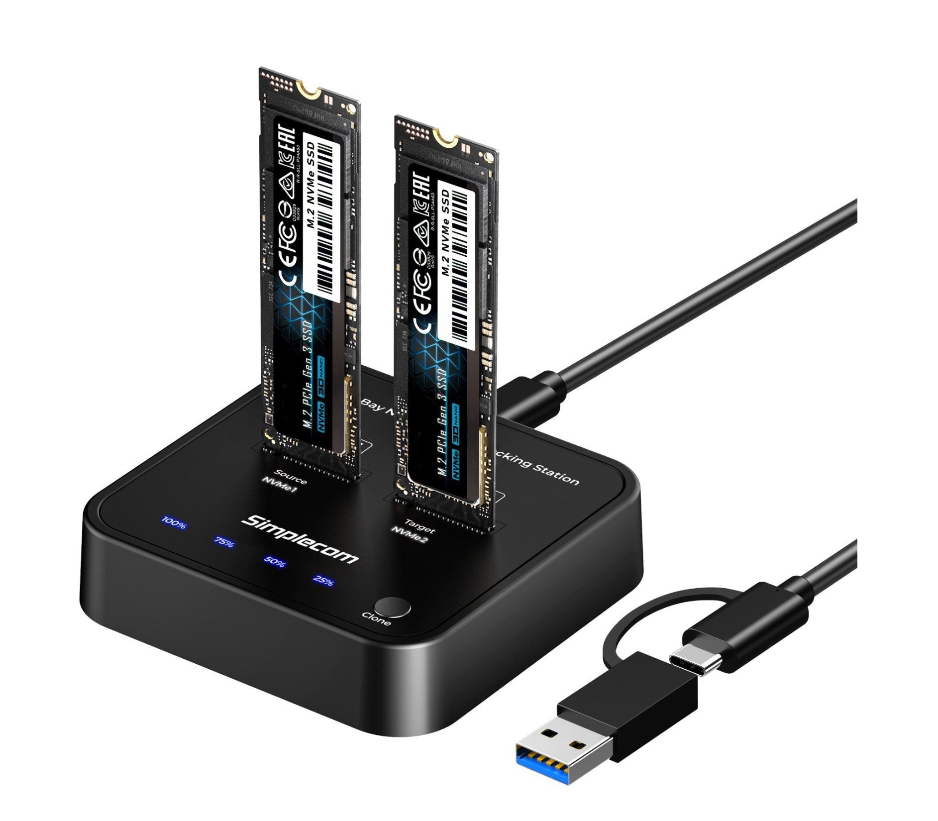 Simplecom SD550v3 USB 3.2 Gen2 to Dual Bay NVMe M.2 SSD Docking Station Duplicator Offline Clone