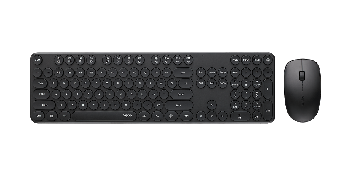 RAPOO Wireless Stylish, Spill-Resistant, Retro Style Round Key, 1000DPI, 2.4G Connection, 10M Range, Nano Receiver, Optical Mouse  Keyboard Black
