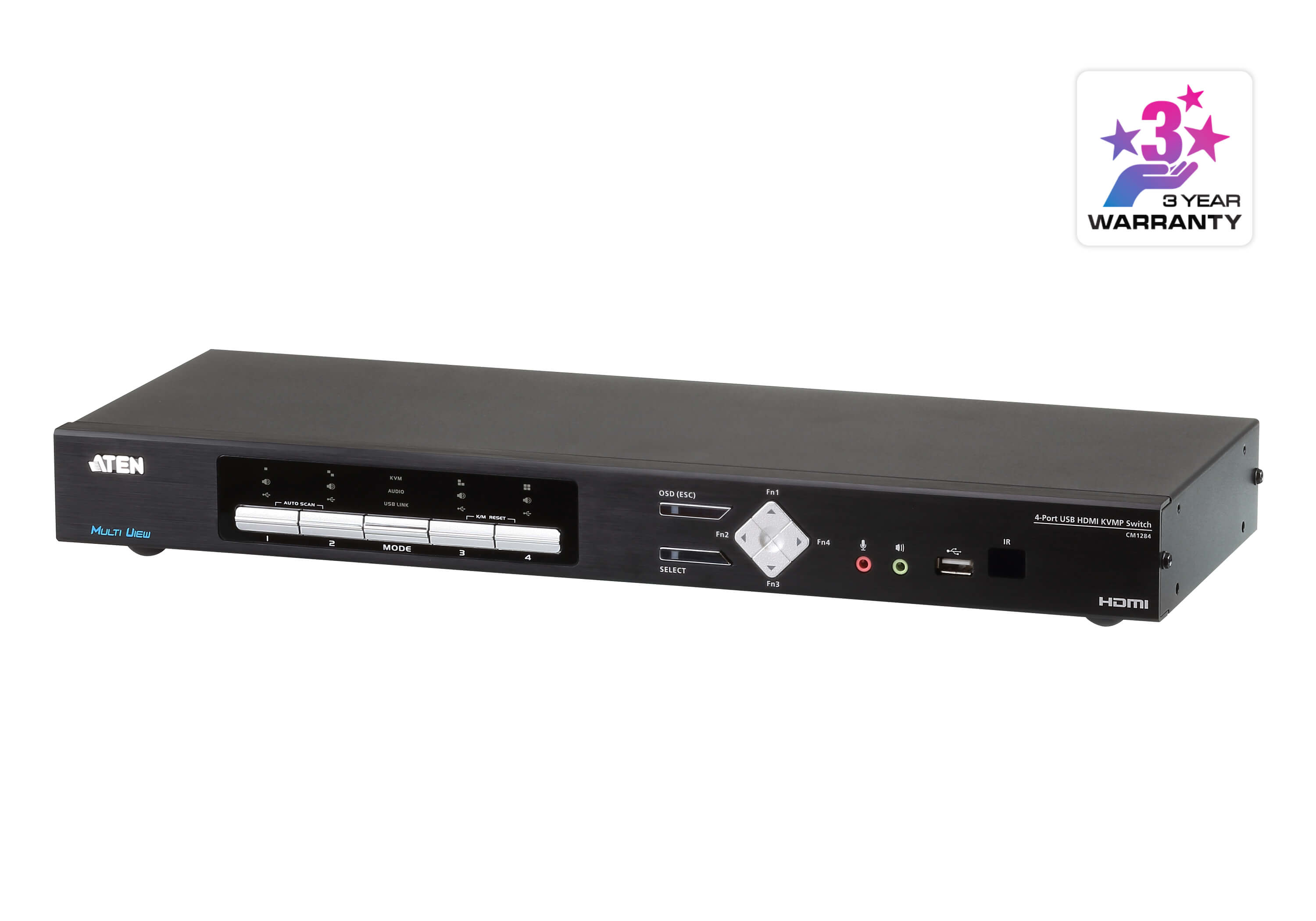 Aten Aten Desktop KVMP Switch 4 Port Multi-View 4k HDMI w/ audio, 4x USB HDMI Cables Included, 2x USB Port, Selection Via Fro