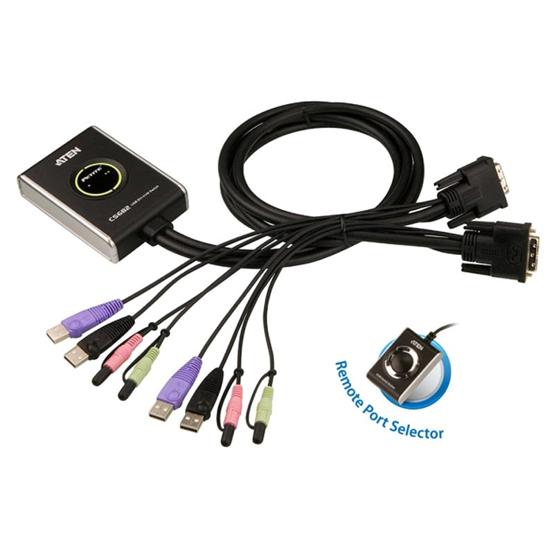 Aten Aten Compact KVM Switch 2 Port Single Display DVI w/ audio, 1.2m Cable, Remote Port Selector,