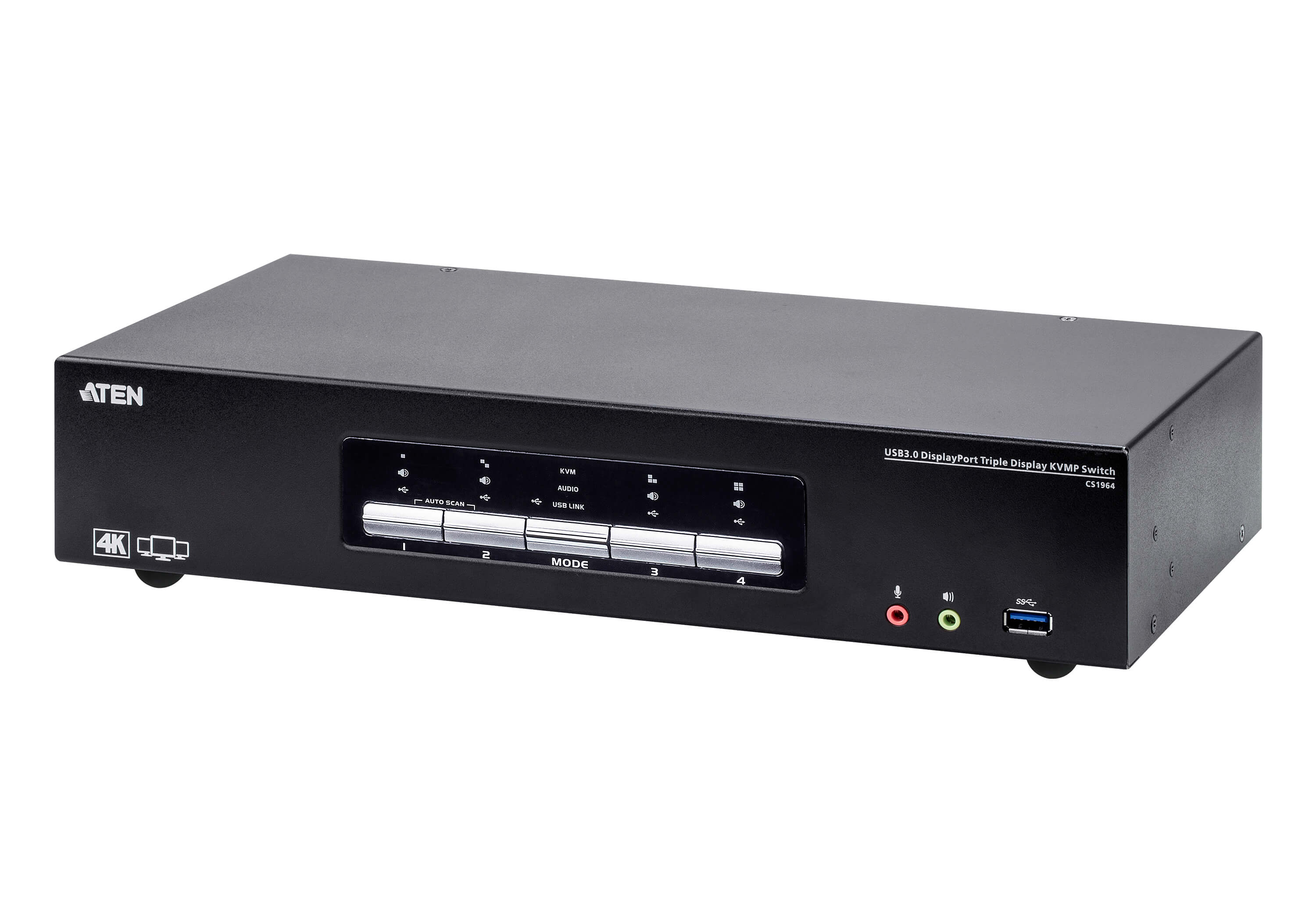 Aten Aten Desktop KVMP Switch 4 Port Triple Display 4k DisplayPort w/ audio, Cables Included, 2x USB Port, Selection Via Fron