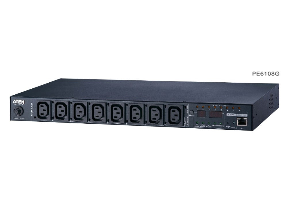 Aten 15A/10A 8-Outlet 1U Metered & Switched eco PDU, emote power outlet control (On, Off, Power Cycle) by individual outlets, Green Package