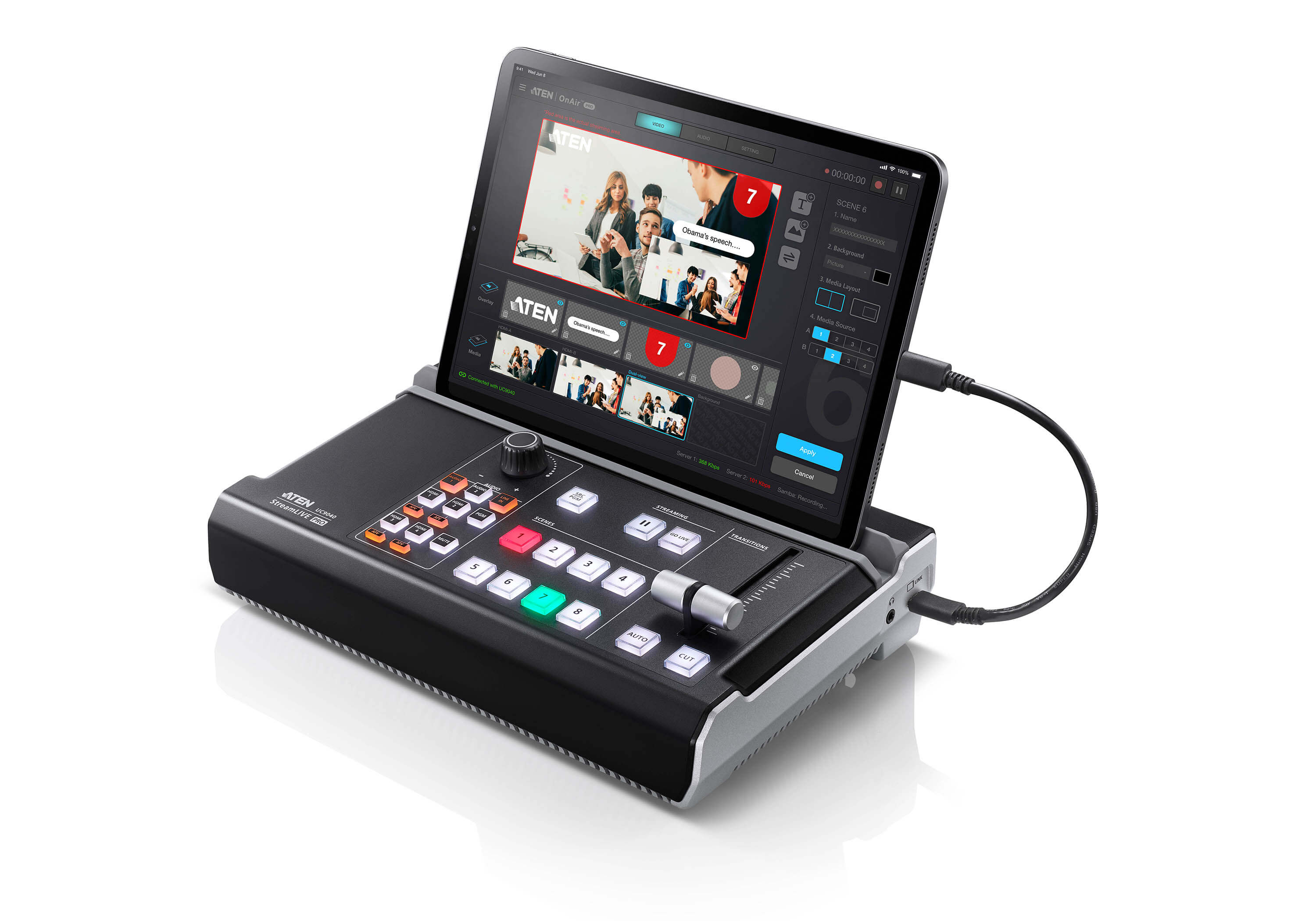 Aten Aten UC9040 StreamLIVE™ PRO All-in-one Multi-channel AV Mixer. Preset up to 8 scenes, DVE video transition effects, a st
