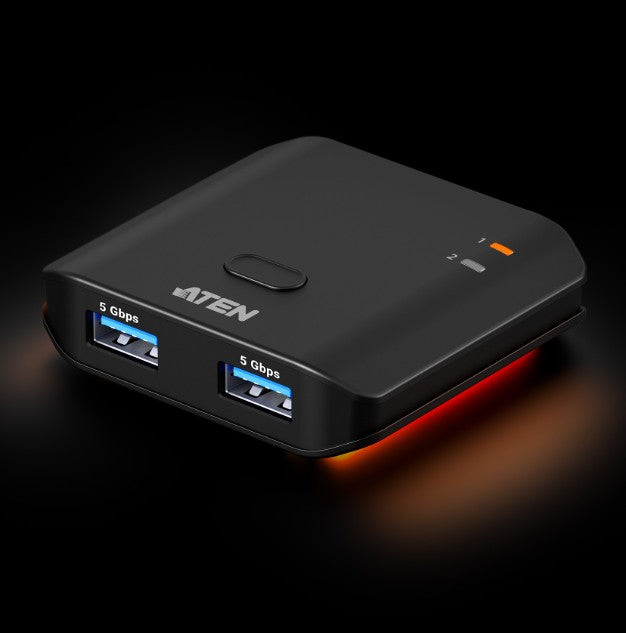 Aten Essential 2x2 USB 3.2 Gen 1 Sharing Switch, Sharing of two USB peripherals at blazing-fast 5 Gbps between two PCs at a press of the pushbutton.