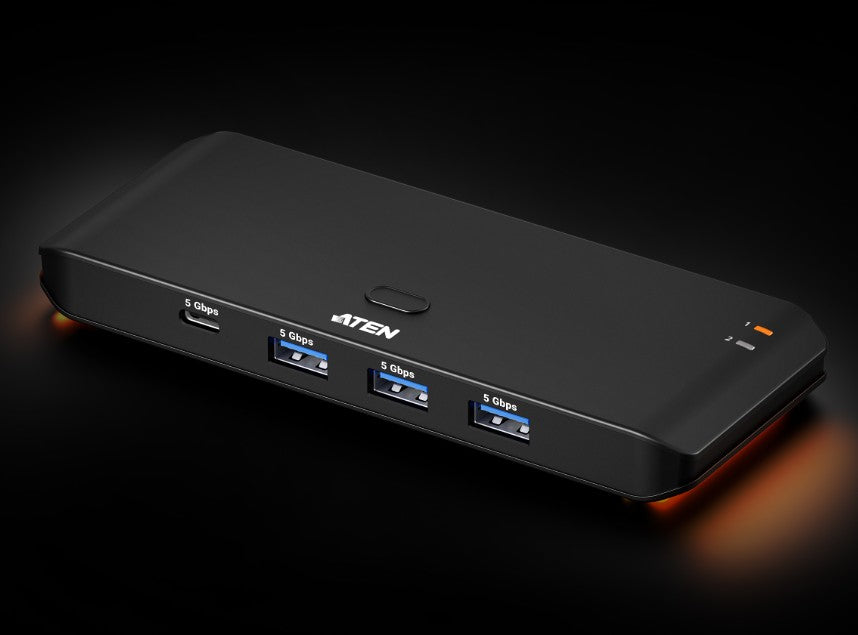 Aten Essential 2x4 USB 3.2 Gen 1 Sharing Switch, Sharing of four USB peripherals at blazing-fast 5 Gbps between two PCs / pushbutton or Remote