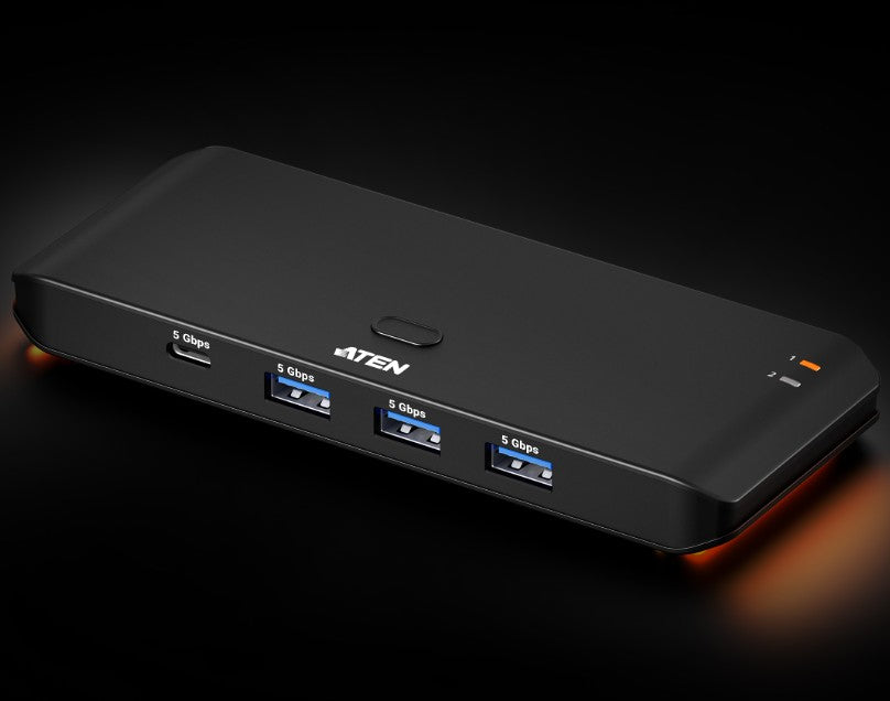 Aten Essential 2x4 USB 3.2 Gen 1 Sharing Switch (Host Type: A+C), USB Type-C host, 5 Gbps data transfer, Quick switch via pushbutton or Remote
