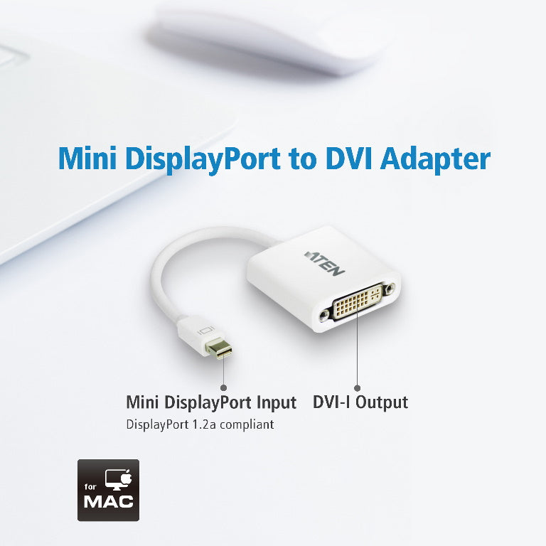 Aten Aten Mini DisplayPort to DVI Adapter, Supports VGA, SVGA, XGA, SXGA, UXGA and resolutions up to 1920x1200(PC) / 1080p(HD