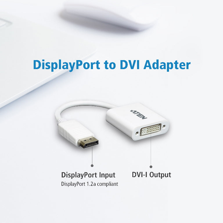 Aten Aten DisplayPort to DVI Adapter, Converts DisplayPort signals to DVI output, DisplayPort 1.2 a compliant, Supports VGA, 