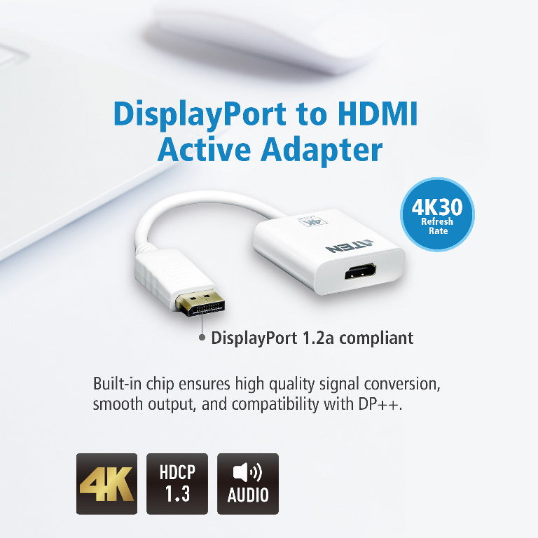 Aten Aten 4K DisplayPort to HDMI Active Adapter, Supports VGA, SVGA, XGA, SXGA, UXGA, 1080p   resolutions up to 4K UHD, Suppo