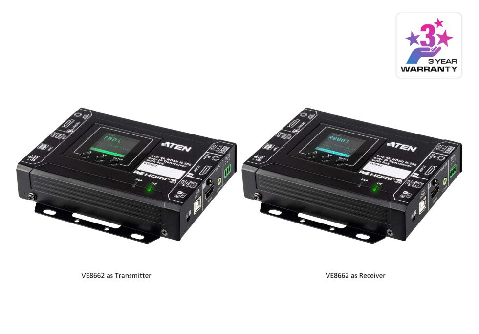 Aten Aten True 4K HDMI H.265 over IP Transceiver with PoE, True 4K video, audio, USB, and RS-232 over Ethernet, Supports AV m