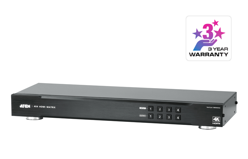 Aten Aten Professional Matrix 4x4 HDMI Matrix, Supports 4K Resolutions tp to UHD, control via front-panel pushbuttons, IR rem