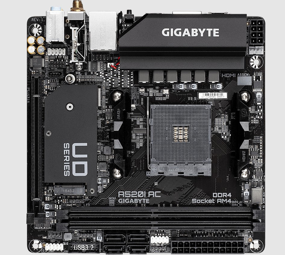 Gigabyte A520I AC AMD A520 Mini-ITX Ultra Durable Motherboard with Direct 6 Phases Digital VRM, Onboard Intel 802.11ac WIFI, PCIe 3.0 x4 M.2