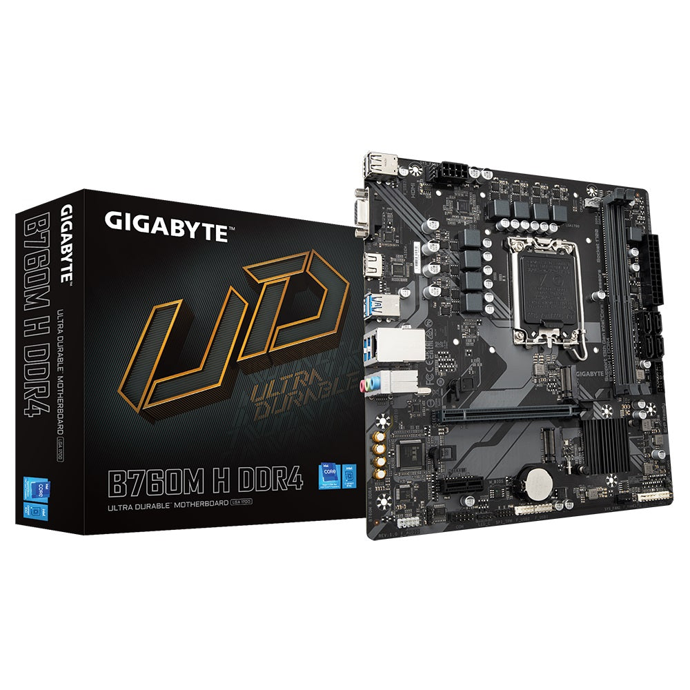 Gigabyte Gigabyte B760M H DDR4 Intel LGA 1700 m-ATX Motherboard, 2x DDR4 ~64GB, 1x PCI-E x16, 2x M.2, 4x SATA, 3x USB 3.2, 2x