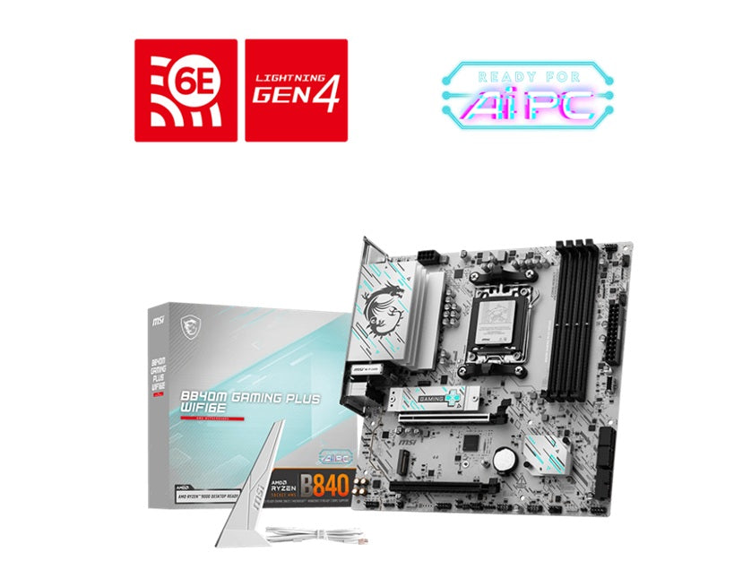 MSI B840M GAMING PLUS WIFI6E, AM5 ATX Motherboard, 4x DDR5 256GB, 1x HDMI, 2x PCI-E x16 slot, 2x M.2, 4x SATA 6G, Wi-Fi 6E, Bluetooth 5.3