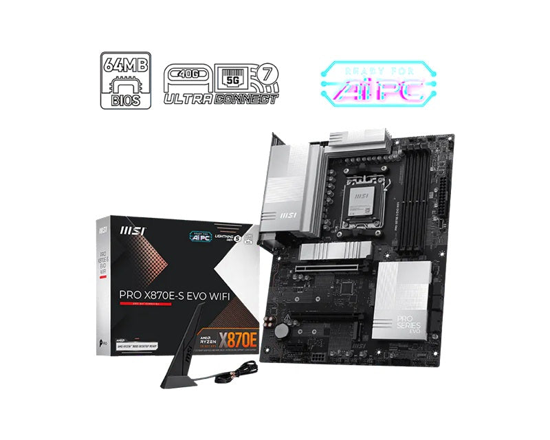 MSI PRO X870E-S EVO WIFI, AMD X870E, AM5, DDR5 256GB, PCIe 5.0, 3x M.2, Wi-Fi 7, 5G LAN, USB 40Gbps