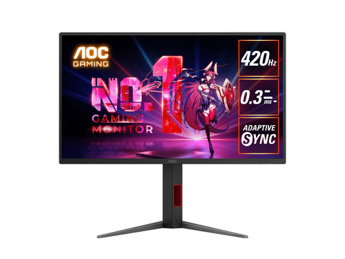 AOC AOC 24.5" 420Hz Gaming Monitor: Fast IPS, FHD @420Hz, 0.3ms MPRT, 350 nits, sRGB 110%, DP/HDMI, height/swivel/pivot tilt,