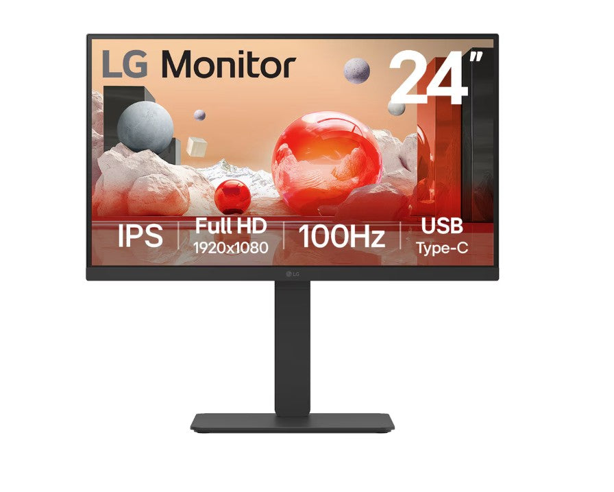 LG 24" IPS FHD 1920 x 1080, USB Type-C 65wPD, RJ45 100Hz 5ms, AMD FreeSync 16:9 Tilt/Height/Swivel/Pivot (Bi-direction) adjustable stand, 3yrs Monitor