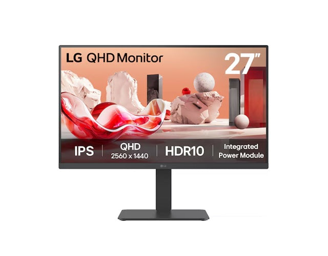 LG 27” QHD IPS Monitor, 2560x1440, HDR10, 99% sRGB, 75 Hz, integrated power, adjustable stand (tilt/height/swivel/pivot), Flicker Safe  Reader Mode