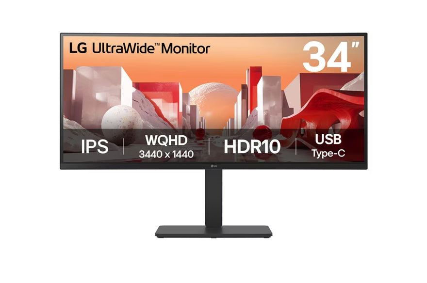 LG 34" UltraWide QHD Curved IPS Monitor with HDR10, sRGB 99%, USB-C PD 90W, RJ45, built-in speakers, and tilt/height/swivel adjustable stand