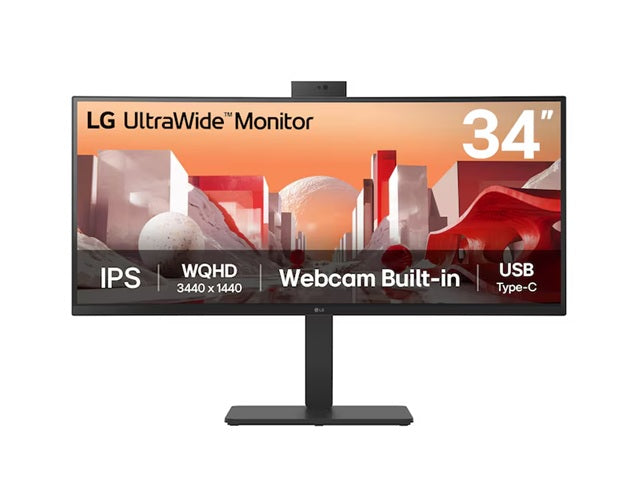 LG 34" UltraWide QHD Curved IPS Monitor with 3440x1440 resolution, sRGB 99%, HDR10, USB-C PD 90W, FHD webcam, mic, speakers  adjustable stand