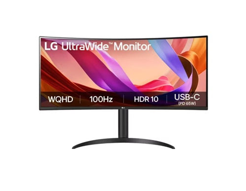 LG 34' UltraWide™ 100Hz WQHD Curved (1800R) Monitor, 3440x1440, 3-side Virtually Borderless Design, sRGB 99%, HDR10, USB-C 65W PD