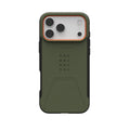 UAG Civilian Magsafe Apple iPhone 17 Pro (6.3") Rugged Case - Olive/Orange (114545117297), 20ft. Drop Protection (6M), Raised Screen,10 Years Warranty