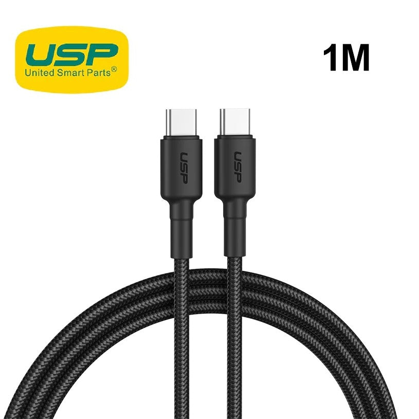 USP BoostUp Braided USB-C to USB-C Cable (1M) Black -3A Fast  Safe Charge,Samsung Galaxy,Apple iPhone,iPad,MacBook,Google,OPPO,Nokia,2 Years Warranty