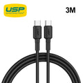 USP BoostUp Braided USB-C to USB-C Cable (3M) Black -3A Fast  Safe Charge,Samsung Galaxy,Apple iPhone,iPad,MacBook,Google,OPPO,Nokia,2 Years Warranty
