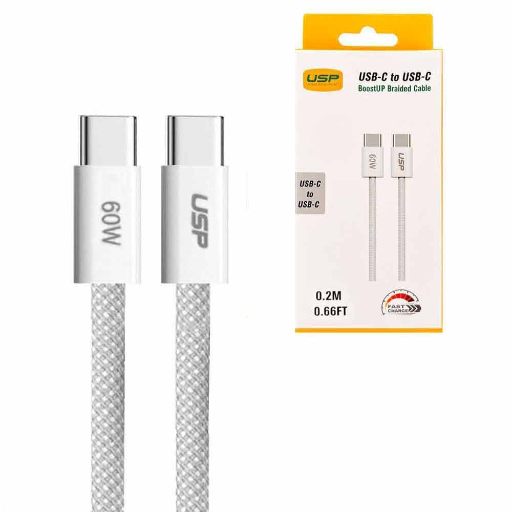 USP boostUp Braided USB-C to USB-C Cable (0.2M) - White, 3A/60W, 480Mbps, 40K+ Bends, Safe  Fast, Apple iPhone, Samsung Galaxy, 2 Years Warranty