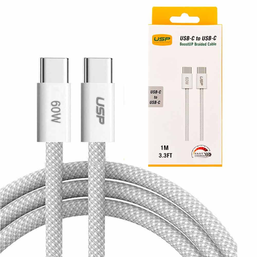 USP boostUp Braided USB-C to USB-C Cable (1M) - White, 3A/60W, 480Mbps, 40K+ Bends, Solid  Durable, Apple iPhone, Samsung Galaxy, 2 Years Warranty